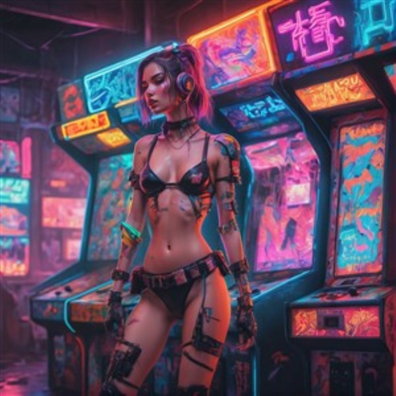 Neon Cyberpunk Spiller - Oplev en elektrisk atmosfære med denne stiliserede kvinde i en farverig cyberpunk-verden. Hun står centralt blandt blinkende arkadespil, der vækker minder om retro-gaming og futuristisk stil.