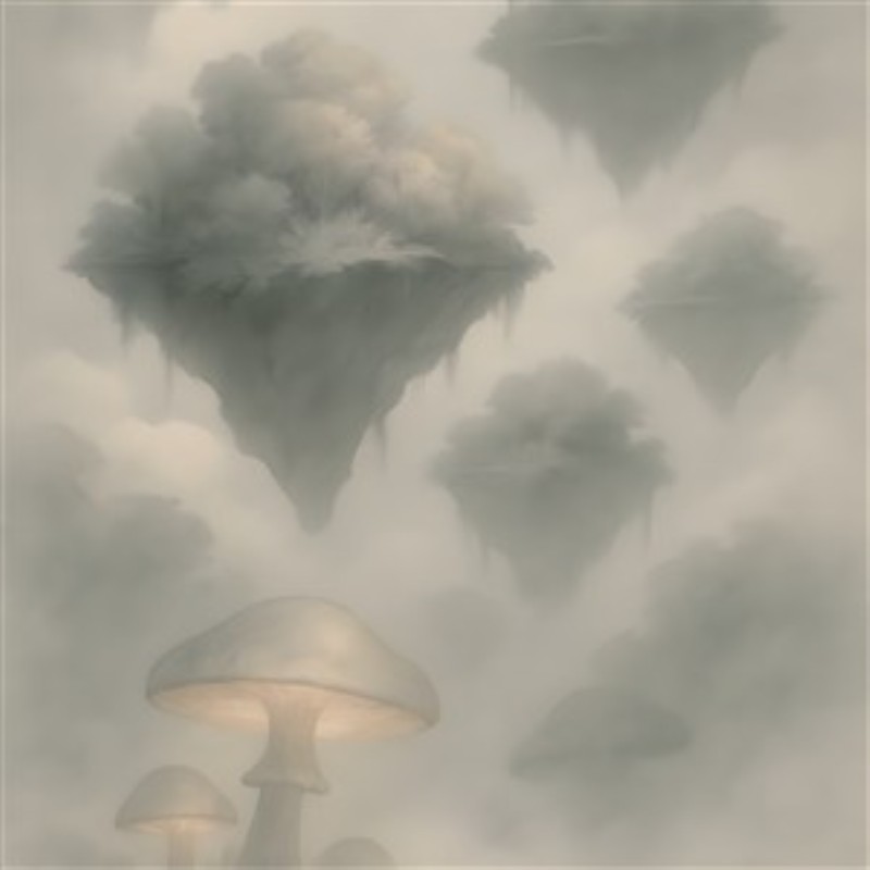 Surrealistisk Svampelandskab i Drømmeverden - Forvandl dit rum med dette drømmende billede, hvor svampene svæver under en skyet himmel. Den bløde, surrealistiske atmosfære tilføjer en magisk stemning, perfekt til dem, der værdsætter det unikke.