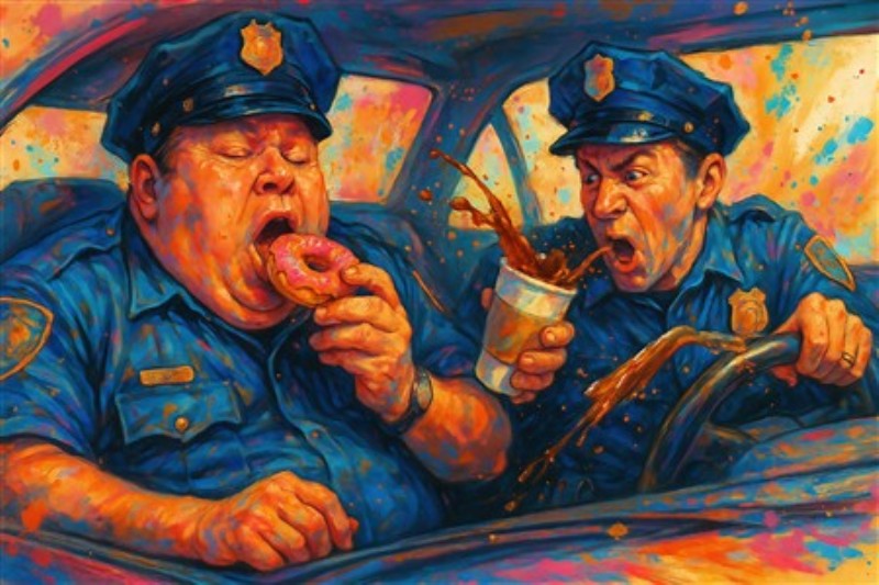 Sjov Politikonflikt i Bilen - Oplev det humoristiske øjeblik mellem to politibetjente i denne farverige plakat. Den ene nyder en donut, mens den anden er fanget i et dramatisk kaffekamp, hvilket skaber en livlig og sjov stemning i dit hjem.