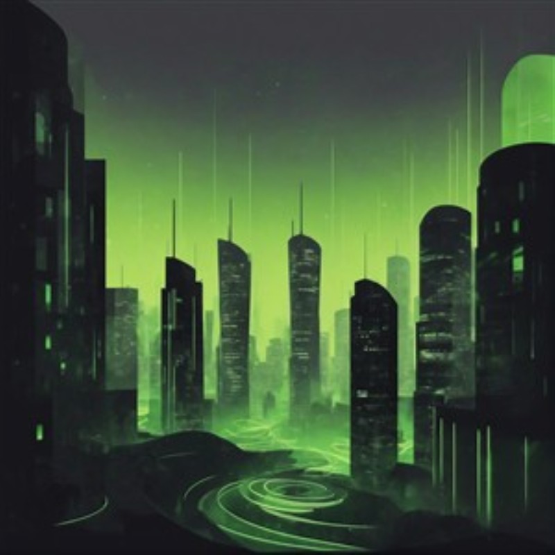 Futuristisk Grøn Metropol - Oplev den magiske atmosfære i en futuristisk by, hvor de høje, mørke bygninger stråler med intense grønne nuancer. Denne digitale illustration indfanger en drømmeagtig verden, hvor teknologi og natur mødes.