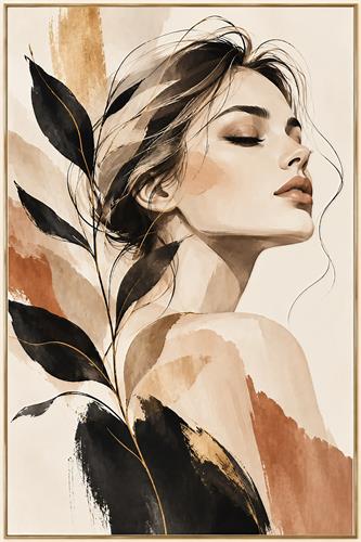 Kunstnerisk portræt af kvinde med botaniske blade - Elegant akvarelplakat i varme beige, brune og sorte nuancer med et stiliseret kvindeportræt omgivet af botaniske blade. Et roligt og moderne motiv til soveværelse, stue eller kreativ indretning.