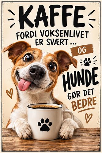 Kaffe fordi voksenlivet er svært – hunde gør det bedre - Charmerende plakat med en sød hundehvalp og kaffekop på træbord i varme brune, beige og sorte farver. Humoristisk typografisk motiv med teksten “Kaffe fordi voksenlivet er svært … og hunde gør det bedre”, perfekt til køkkenet eller kaffehjørnet.