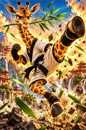 Kampsportsgiraf i asiatisk landskab - Farverig og dynamisk illustration af en giraf i kampsportsdragt midt i et dramatisk asiatisk landskab med bambus, bjerge og pagoder. Et humoristisk actionmotiv med varme orange, grønne og blå farver til børneværelset eller et legende hjem.