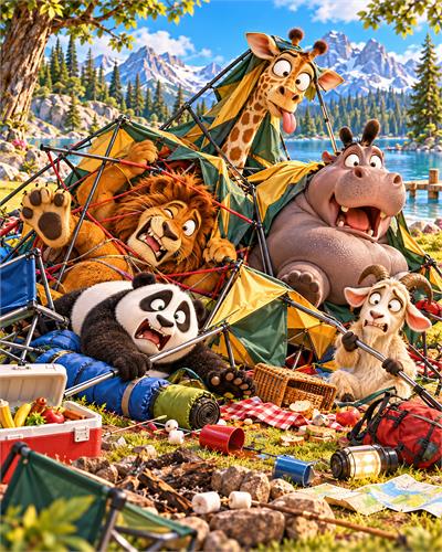 Sjov campingtur med vilde dyr - Farverig og humoristisk illustration af en kaotisk campingtur med giraff, flodhest, løve, panda og abe ved en bjergsø. Et livligt naturmotiv med stærke farver og eventyrlig stemning, perfekt til børneværelset eller som sjov plakat i hjemmet.
