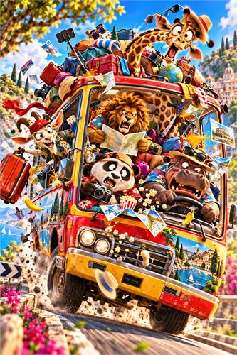 Farverig safaribus på eventyr - Sprudlende illustration af en rød safaribus fyldt med vilde dyr, bagage og rejseminder i et solrigt, blomstrende landskab. En humoristisk og eventyrlig plakat med stærke farver, perfekt til børneværelset eller alle, der elsker rejser og dyremotiver.