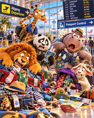 Sjove safaridyr på rejse i lufthavnen - Farverig og humoristisk illustration af en giraff, løve, panda, flodhest og andre safaridyr med kufferter i en travl lufthavn. En livlig og eventyrlig plakat til børneværelset, rejseglade familier eller kreative rum.