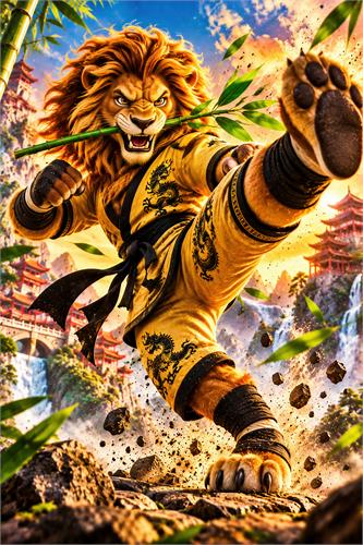 Kung Fu-løve i gyldent kampsportstøj - Farverig illustration af en kampklar løve i gyldent kung fu-tøj med bambus, sparkende positur og asiatisk tempellandskab i baggrunden. Et dynamisk og energisk motiv til plakater for dyreelskere, kampsportfans og fantasyinspireret indretning.