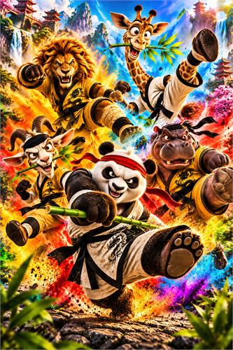 Farverig Kung Fu Dyreplakat - Humoristisk actionplakat med en kung fu-panda i front omgivet af løve, giraf, flodhest og okse i et sprudlende tropisk landskab. Stærke farver, dynamisk tegneseriestil og eventyrlig stemning til børneværelset eller kreative rum.