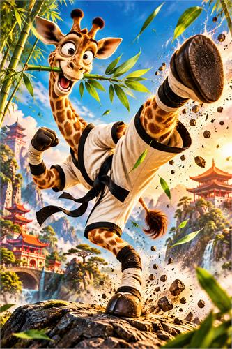 Kung fu-giraf i actionfyldt asiatisk landskab - Farverig og humoristisk illustration af en giraf i hvid kung fu-dragt, der sparker gennem luften i et dramatisk asiatisk landskab. Blå himmel, bambus, templer og bevægelse skaber en energisk plakat til børneværelset eller et legende hjem.