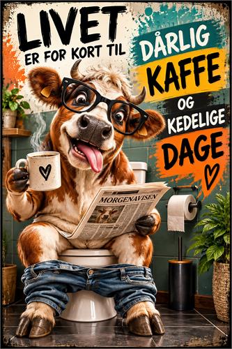 Livet er for kort til dårlig kaffe – sjov hundeplakat - Humoristisk retroplakat med en charmerende hund på toilettet, kaffekop, avis og farverig typografi. En sjov og skæv vægdekoration til køkken, badeværelse eller kaffehjørne.