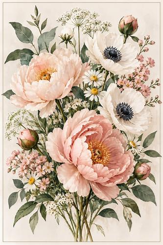 Blomsterbuket med pæoner og anemoner - Elegant botanisk plakat med store rosa pæoner, hvide anemoner, margueritter og fine grønne blade i bløde pastelnuancer. En romantisk vintageinspireret blomsterillustration til stue, soveværelse eller sommerhus.