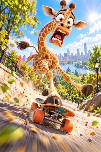 Giraff på skateboard i fart - Humoristisk og farverig illustration af en forskrækket giraff på skateboard på vej ned ad en solrig bakke med sø og storby i baggrunden. Et livligt cartoonmotiv med masser af bevægelse, perfekt til børneværelset eller som munter vægkunst.