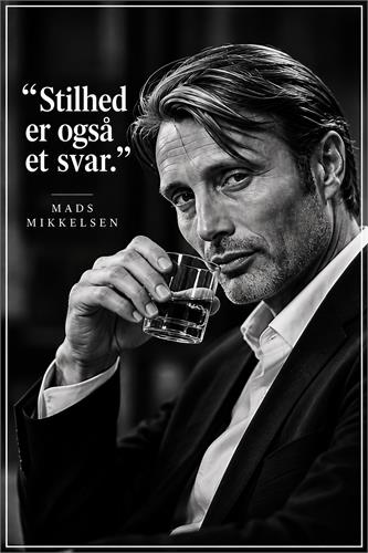 Mads Mikkelsen – Stilhed er også et svar - Sort-hvid portrætplakat af Mads Mikkelsen med whiskyglas og citatet “Stilhed er også et svar.” Elegant filmisk stil, der passer til stuen, kontoret eller som gave til fans af dansk skuespil.