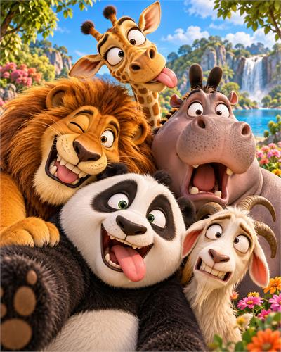 Sjove safaridyr i farverig natur - Farverig illustration af en glad dyreflok med løve, giraf, flodhest, panda og ged i en frodig tropisk natur med vandfald. Et humoristisk og livligt motiv til børneværelset, legeværelset eller som farverig dyreplakat.