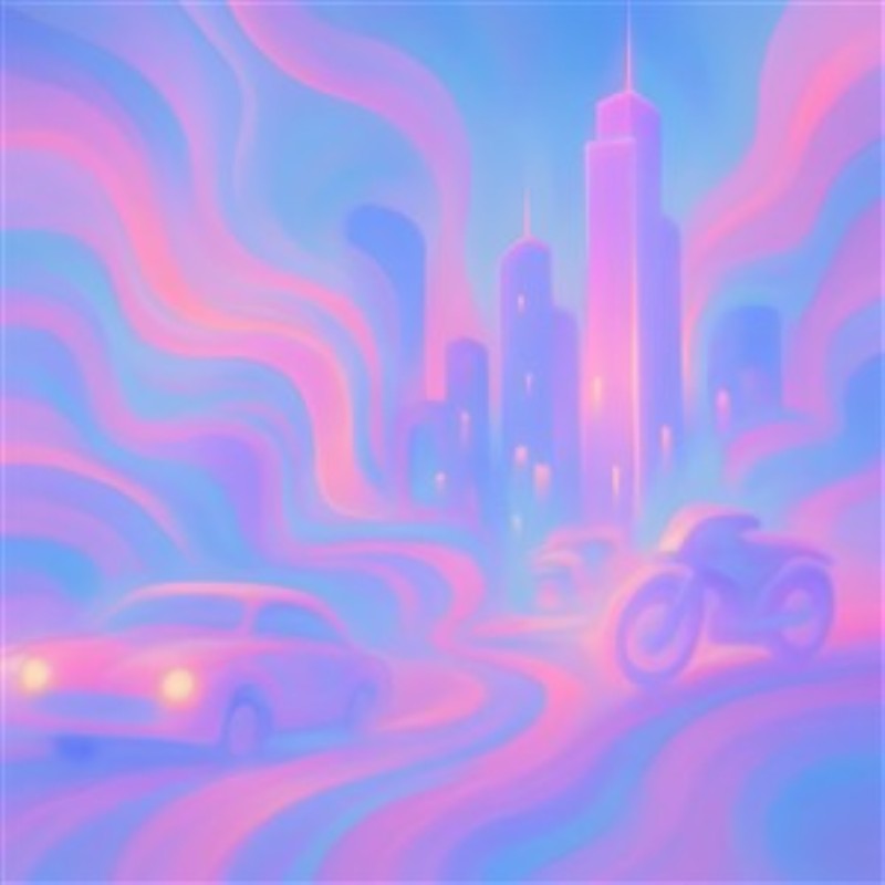 Drømmende futuristisk bylandskab - Oplev et farverigt og abstrakt bylandskab, hvor biler og motorcykler svømmer i en drømmende atmosfære. Dette billede tilføjer en moderne flair og levende energi til ethvert rum.