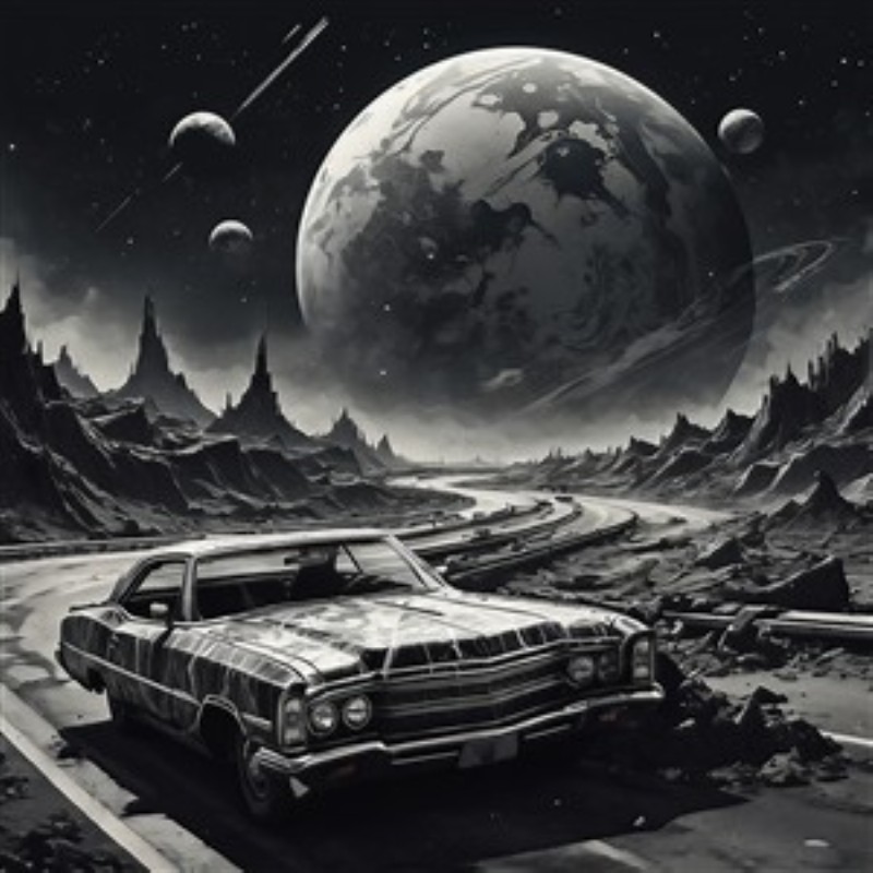 Surrealistisk Bilrejse i Universet - Oplev en drømmende rejse gennem rummet med dette fascinerende sort-hvide billede af en klassisk bil på en snoet vej i et surrealistisk landskab. Det storslåede måne- og planetsceneri tilføjer en unik atmosfære, der vil vække fantasien hos enhver betrager.