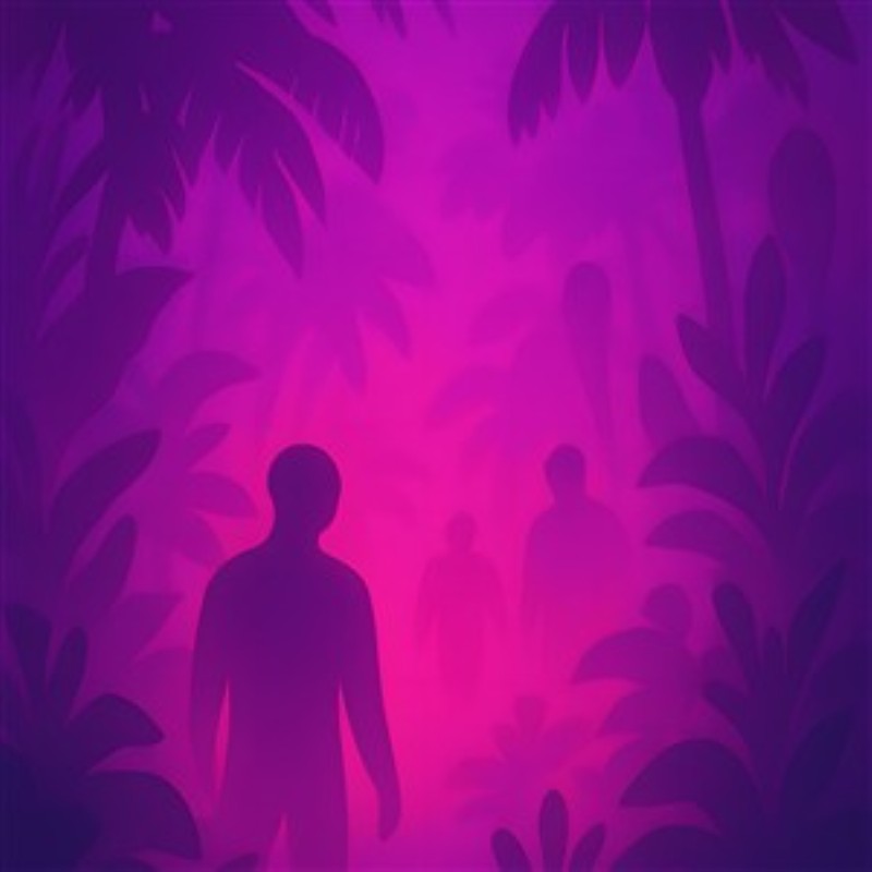 Drømmeagtig Junglesilhuet - Oplev et farverigt og drømmende motiv med mystiske silhuetter, der bevæger sig gennem en tropisk jungle. Dette kunstværk tilfører både stil og mystik til ethvert rum.