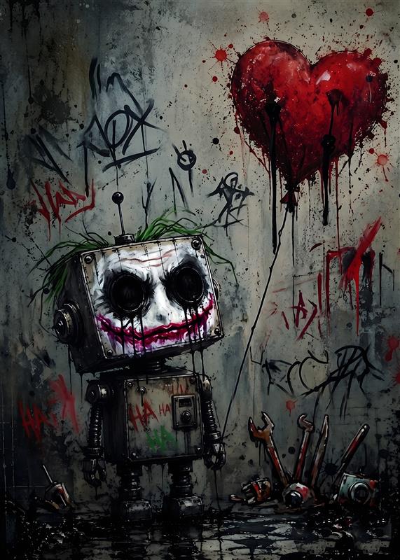 Joker Robot: Legende og Hjertevarme - Oplev den finurlige Joker Robot, som blander humor og hjertevarme i sit udtryk. Med sit skæve joker-ansigt og levende grønne hår står den stolt ved en farverig graffiti-væg, mens den holder et stort rødt hjerte, perfekt til at bringe liv og sjov ind i dit hjem.