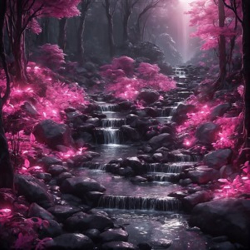 Drømmende Vandfald i Pink Paradis - Oplev et magisk landskab med et skønt vandfald, prydet med lyserøde planter og glitrende sten. Dette smukke motiv bringer en drømmende atmosfære ind i dit hjem og skaber en perfekt oase af fred og skønhed.