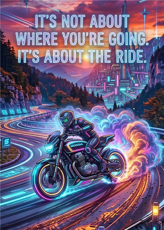 Det Handler Om Turen - Motorcykel Plakat - Oplev friheden på vejen med vores fantastiske motorcykelplakat! Med et inspirerende citat og en lysende fremtidsvision, vil denne plakat motivere enhver motorcykelentusiast. Perfekt til stuen eller garagen for at minde dig om, at det ikke kun er destinationen, men rejsen der betyder noget.