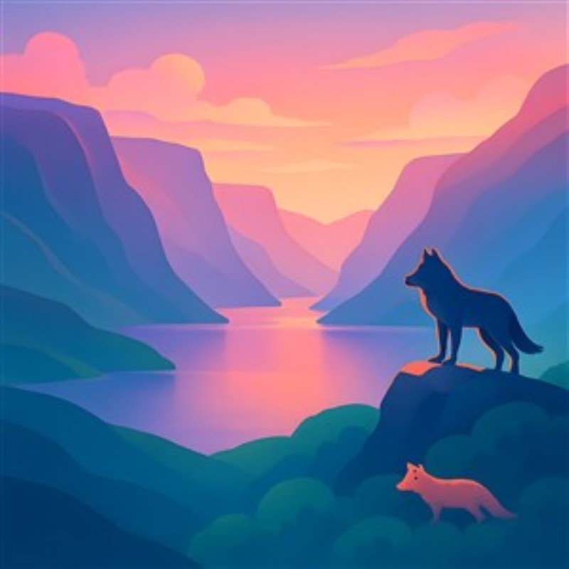 Aftenens Magi ved Floden med Ulv - Oplev den betagende aftenstemning med denne stiliserede illustration af en ulv, der vogter over en farverig flod. Den bløde solnedgang kaster varme nuancer over landskabet, hvilket skaber en perfekt atmosfære for ro og refleksion.