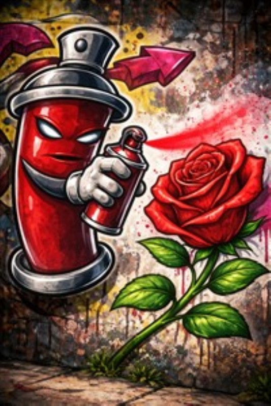 Livlig Graffiti med Rød Rose - Giv væggene liv med dette farverige graffiti-inspirerede kunstværk. Sprøjtende en rød rose fra en spraydåse bringer en iøjnefaldende kombination af natur og urban stil ind i dit hjem.