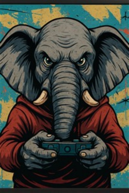 Spilleglad Elefant i Hættetrøje - Oplev den sjove kombination af dynamik og farver med denne vægkunst, der viser en elefant i hættetrøje, der dygtigt spiller videospil. Perfekt til at bringe liv og humor ind i dit rum.