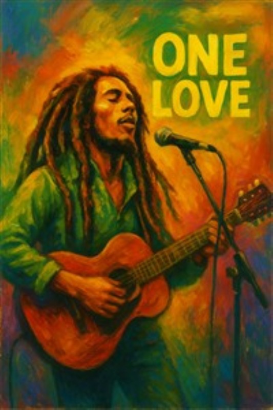 Musik og Kærlighed i Farver - Oplev den farverige energi fra musikken med denne fantastiske illustration, der indfanger en mand med dreads, mens han synger og spiller guitar. Med teksten 'ONE LOVE' bringer dette kunstværk en varm og inspirerende atmosfære til ethvert rum.
