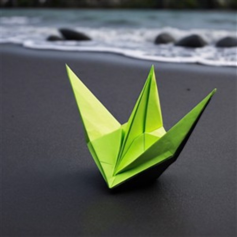 Fortryllende Grøn Origami Fuglefigur - Oplev den unikke skønhed af en grøn origami fuglefigur, der står majestætisk på en mørk sandstrand. Den perfekte kombination af natur og kunst, der bringer ro og elegance til dit hjem.