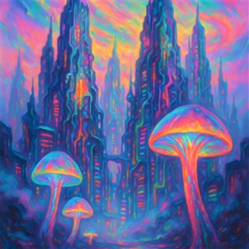Futuristisk Svampeby i Neonfarver - Oplev en magisk rejse til en farverig svampeverden, hvor surrealistiske bygninger strækker sig mod himlen. Dette værk bringer liv og fantasifuld energi ind i dit hjem, perfekt til at inspirere og fascinere.
