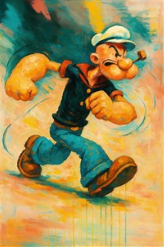 Popeye i Farverig Action - Oplev energien og beslutsomheden i dette farverige kunstværk med Popeye, der suser fremad med styrke og stil. Det livlige maleri tilfører liv og karakter til ethvert rum, perfekt til at inspirere og begejstre.