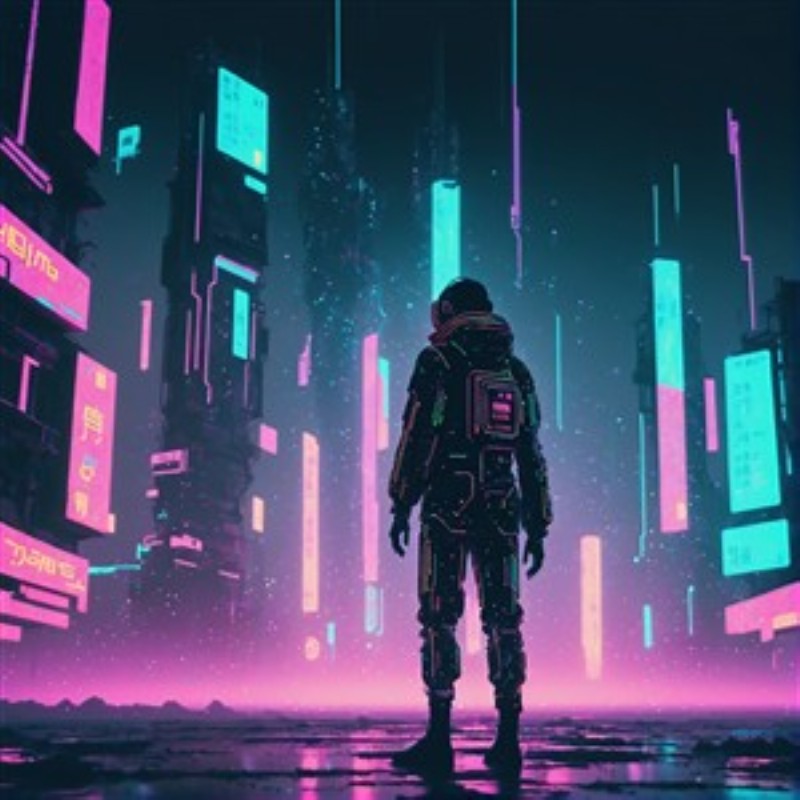 Neon Drøm: Fremtidens Udsigt - Oplev en fascinerende fusion af teknologi og kunst med denne fantastiske plakat. Den ensomme astronaut står majestætisk i en by af neonlys, hvor futuristiske bygninger lyser natten op og vækker fantasien til live.