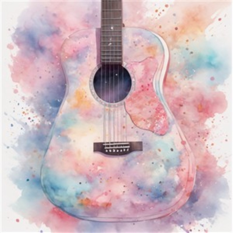 Pastel Akustisk Guitar i Akvarel - Oplev den betagende skønhed af en akustisk guitar i flotte pastelfarver. Denne akvarelillustration tilføjer en kreativ og livlig stemning til dit rum, perfekt til musikelskere og kunstentusiaster.