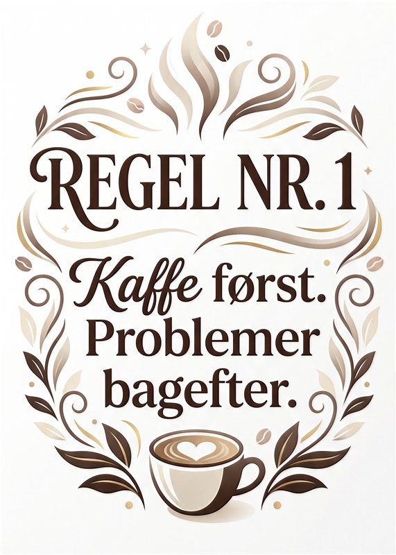 Kaffe Først, Problemer Bagefter – Regel Nr. 1 - Giv dit hjem et sjovt og velkendt slogan med denne elegante plakat. Den minder os om, at kaffe altid er prioriteten – perfekt til enhver kaffelsker. Uanset hvor du hænger den op, vil den med garanti bringe smil og stemning til rummet.