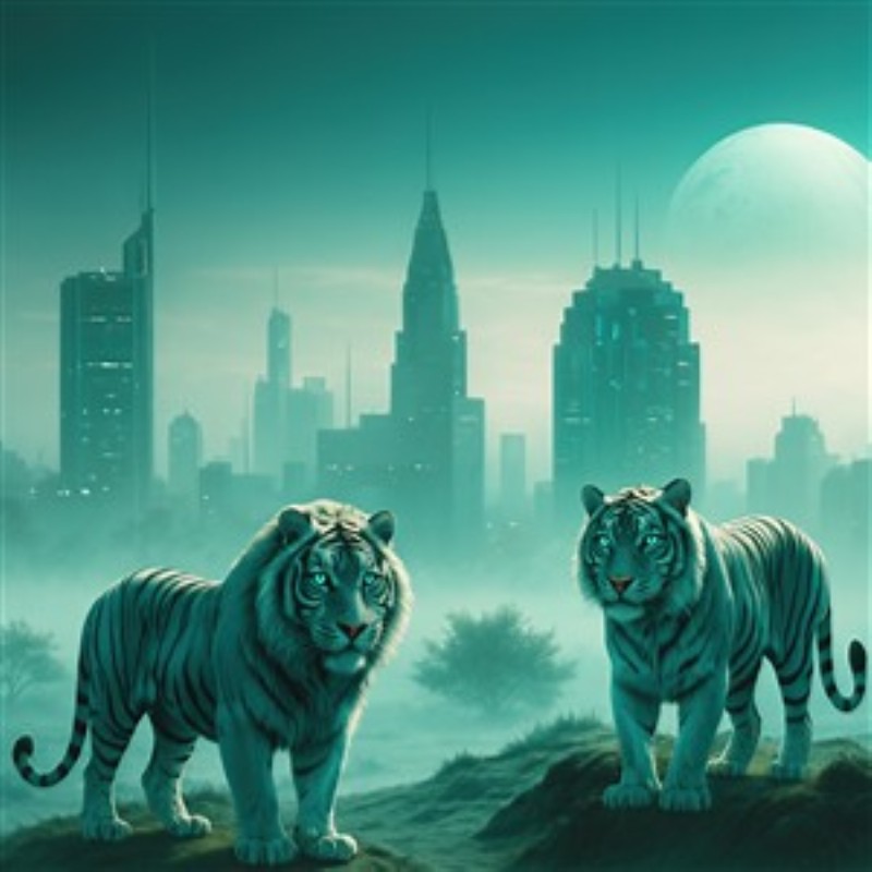 Futuristiske Tigre i Drømmebyen - Oplev kraften og skønheden af to majestætiske hvide tigre i en drømmende futuristisk by. Den grønne nuance og den store måne skaber en magisk atmosfære, der vækker nysgerrighed og fantasi, perfekt til enhver væg.