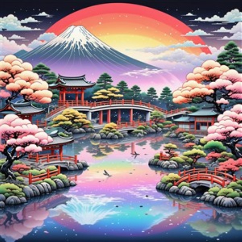 Fortryllende Japansk Landskab med Kirsebærtræer - Oplev skønheden i et farverigt japansk landskab, hvor kirsebærtræerne blomstrer i harmoni med smukke broer og majestætiske bjerge. Denne illustration fremkalder en drømmende stemning og bringer fred og ro ind i dit hjem.