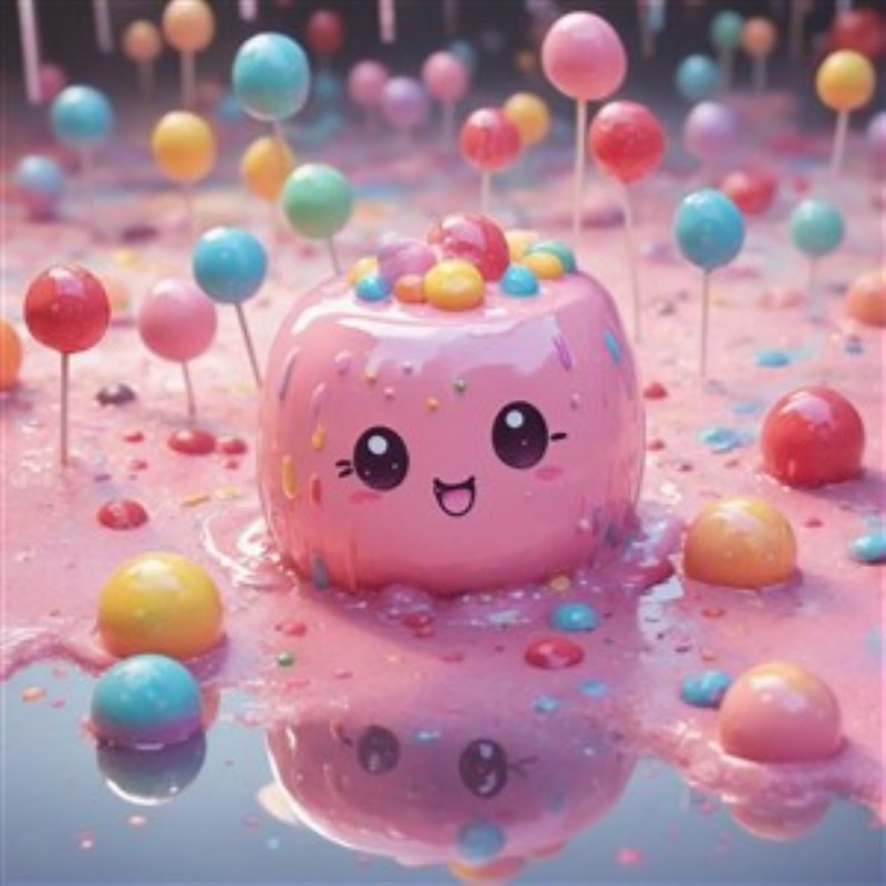 Sødt Pink Dessert med Farverig Magi - Oplev det glade pink dessert med ansigt, der svømmer i en farverig, sød sauce. Dette festlige motiv bringer liv og glæde til ethvert rum, perfekt til at sprede smil.