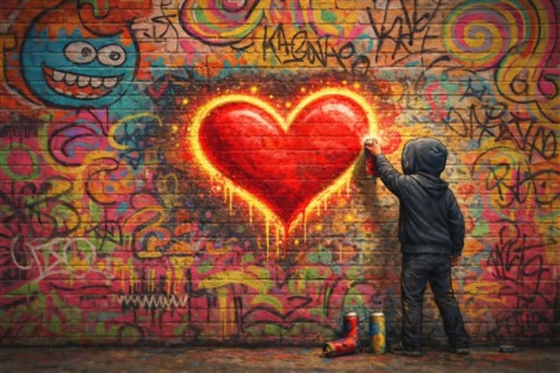 Kreativ Kærlighed: Graffiti Kunst - Oplev den livlige energi i dette farverige værk, hvor et barn udtrykker sin kærlighed ved at male et stort, rødt hjerte på en grafitti-dækket mur. Perfekt til at bringe liv og kreativitet ind i dit hjem.