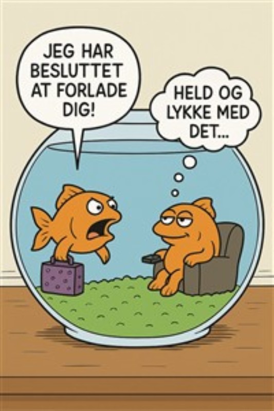 Fiskedrama i Akvariet: Sådan Går Det! - Oplev det humoristiske øjeblik mellem to livlige fisk i akvariet, hvor den ene tager en stor beslutning, mens den anden forbliver uforstyrret. Dette sjove motiv vil uden tvivl bringe smil og latter ind i dit hjem.