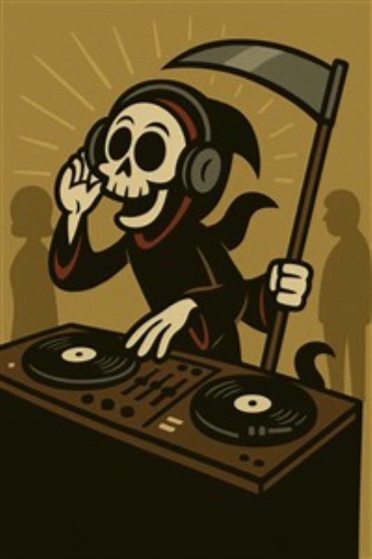 DJ Døden: Musikalsk Magi - Fang stemningen med denne farverige plakat af DJ Døden, der mixer beats med sin karakteristiske charme. Perfekt til at skabe liv og sjov i ethvert rum.
