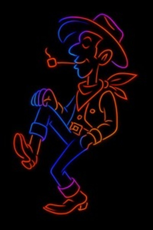 Neon Cowboy Smil og Fest - Oplev den farverige energi fra denne neon-tegning af en dansende cowboy, der spreder glæde med sin pibe og livsglæde. Perfekt til at tilføje et festligt touch til dit hjem.