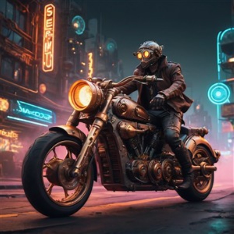 Neonmotorcykelrytter i Steampunk Univers - Tag med på en spændende rejse gennem en lysfyldt neonby, hvor en motorcykelrytter iført steampunk-inspireret udstyr skaber pulserende energi og mystik. Dette unikke kunstværk vil helt sikkert tilføje en futuristisk og dristig atmosfære til dit rum.