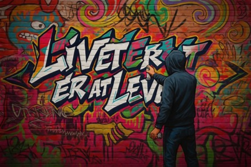 Farverigt Liv: Graffiti Kunst til Dit Rum - Oplev den livlige energi fra graffitikonsten, hvor budskabet 'Liveterat er at leve' stråler i al sin farverige pragt. Denne plakat vil tilføje et unikt og moderne præg til dit hjem, og inspirere til at leve livet fuldt ud.