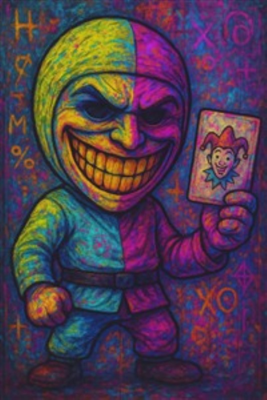 Farverig Joker med Spilleglæde - Oplev den livlige energiskabelse af en joker, der stråler med et stort smil og klædt i smukke farver. Dette billede tilfører en spændende atmosfære til dit hjem, perfekt til dem med en livlig sjæl.
