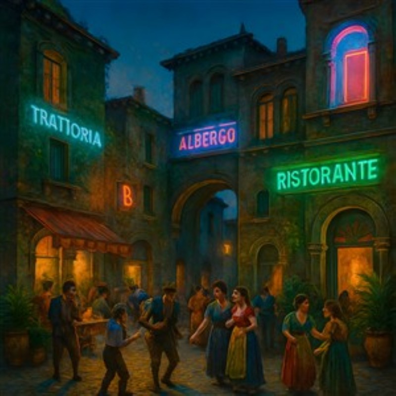 Magi i en Italiensk Aften - Oplev den fortryllende atmosfære af en italiensk aften, hvor farverige neonskilt lyser op i gaden og passerer forbi festlige mennesker, der nyder skønhed og samvær. Denne livlige scene bringer varme og liv til dit hjem.