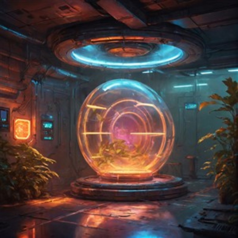 Futuristisk Plantekapsel med Farverigt Lys - Oplev en fortryllende verden med denne futuristiske plantekapsel, hvor lys og natur mødes i et spektakulært laboratoriemiljø. Det farverige lys fremhæver de frodige planter og skaber en unik atmosfære, perfekt til ethvert moderne hjem.