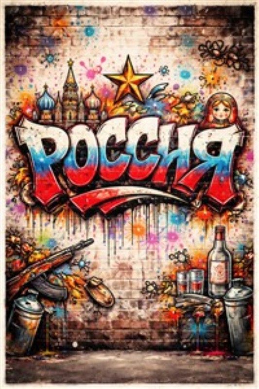Farverig Russisk Graffiti Kunst - Oplev den unikke skønhed i denne farverige graffiti med russisk tema. Motivet kombinerer ikoniske symboler og livlige farver, der sammen skaber en dynamisk og festlig atmosfære, perfekt til at puste liv i dit indretning.