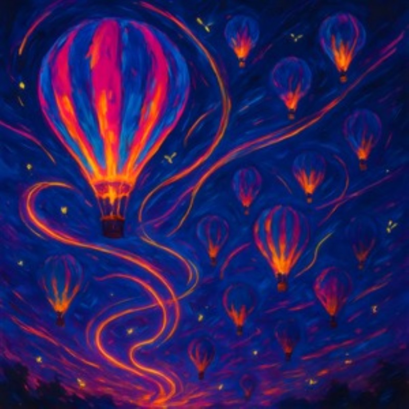 Drømmer om Natten: Farverige Varmluftballoner - Lad dig forføre af denne fantastiske illustration af varmluftballoner, der svæver elegant gennem en stjerneklar nat. De levende farver og den magiske stemning gør dette værk perfekt til at skabe en drømmende atmosfære i dit hjem.