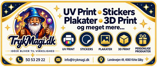 TrykMagi.dk – UV-print, stickers og plakater - Farverig reklameplakat for TrykMagi.dk med troldmand, stjerner og ikoner for UV-print, stickers, plakater, 3D-print og personlige produkter. Et levende og professionelt motiv i blå, gul og hvid til webshop, trykkeri eller kreativ virksomhed.