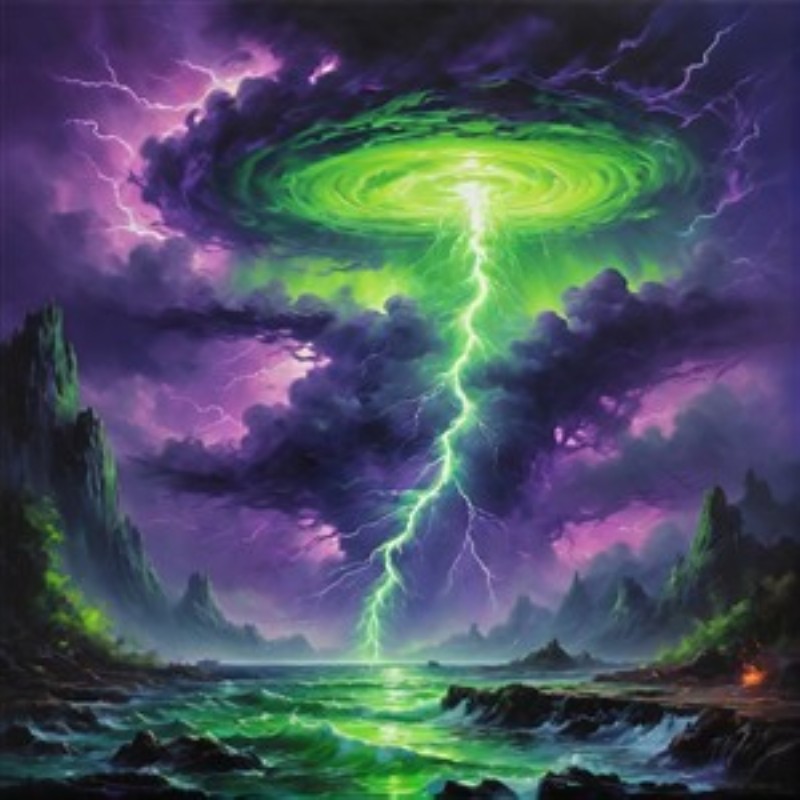 Energi fra Stormens Hjerte - Oplev den kraftfulde skønhed i naturens raseri med denne dramatisk illustration. Den hvirvlende, grønne himmel og de blændende lyn skaber en betagende atmosfære, der inviterer til refleksion og beundring.